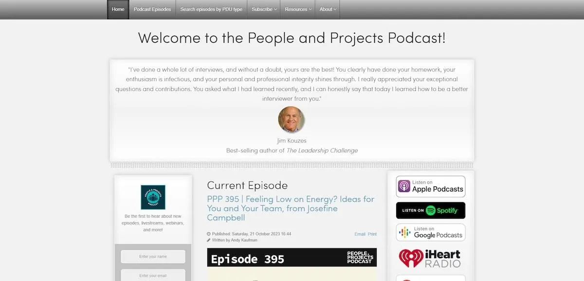Página de inicio de People and Projects, un podcast sobre gestión de proyectos.