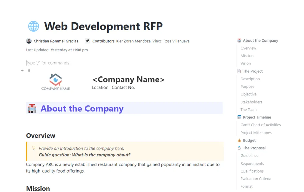 Modèle d'appel d'offres pour le développement web ClickUp