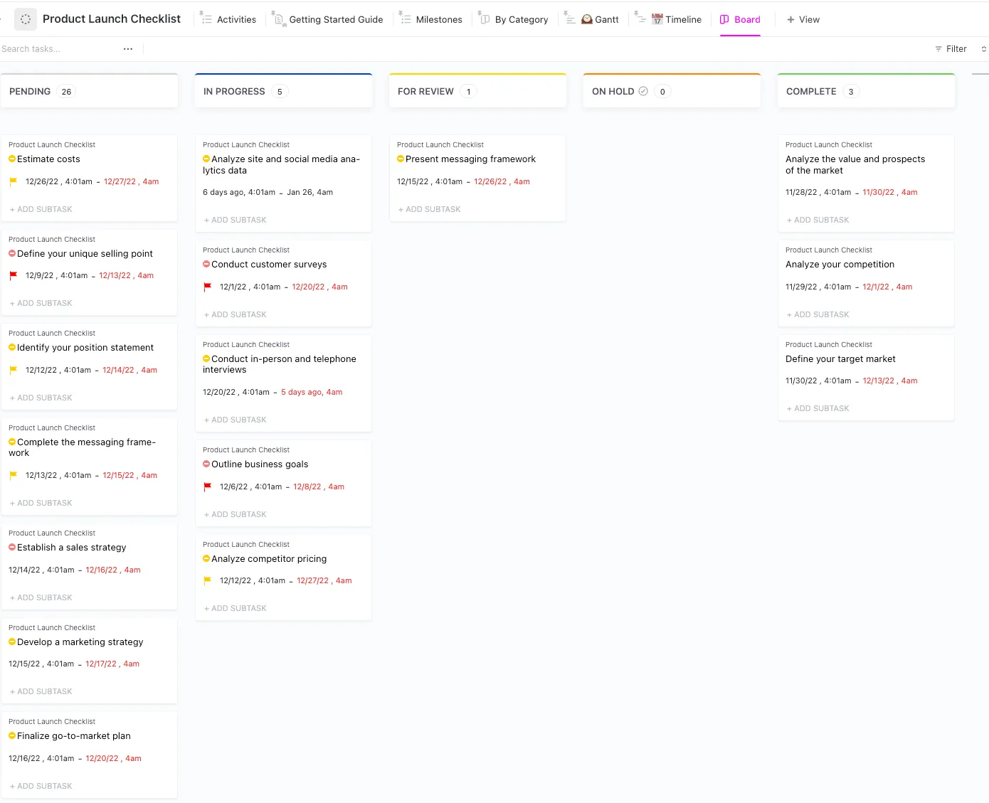 Modello di bacheca per il lancio di prodotti ClickUp