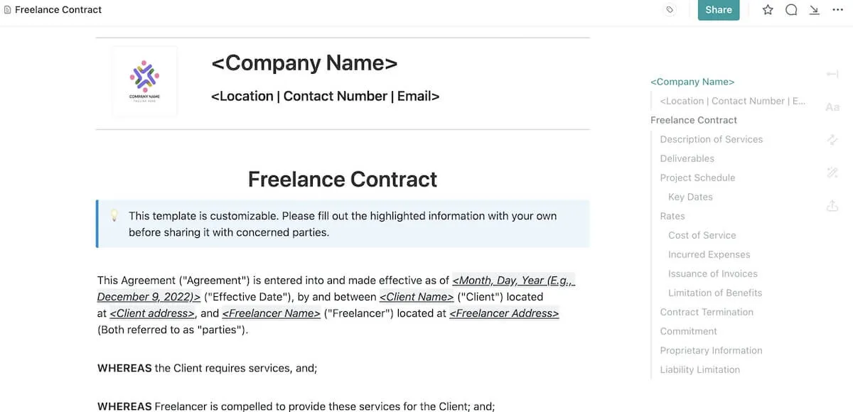 Modelli di contratto di prestazione d'opera: Modello di contratto per liberi professionisti di ClickUp