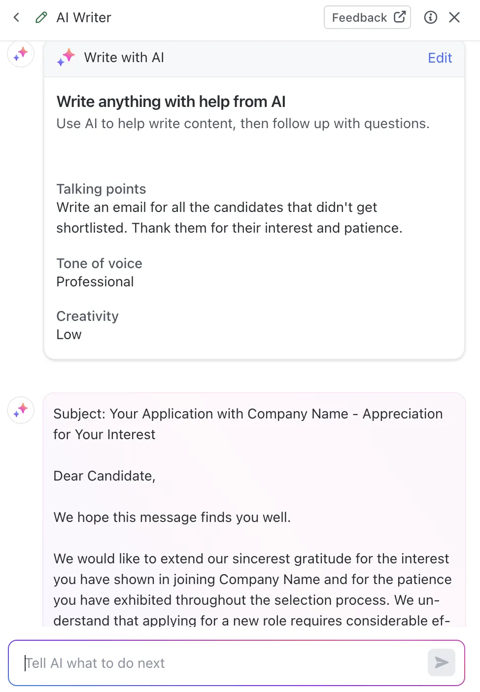 Crea email in pochi secondi con AI Writer di ClickUp Brain