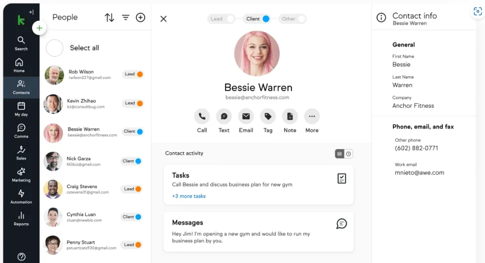 Ein Screenshot der CRM-Plattform von Keap