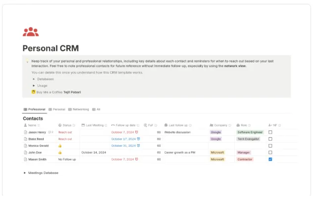 Template CRM Notion: Template CRM Pribadi oleh Tejit Pabari