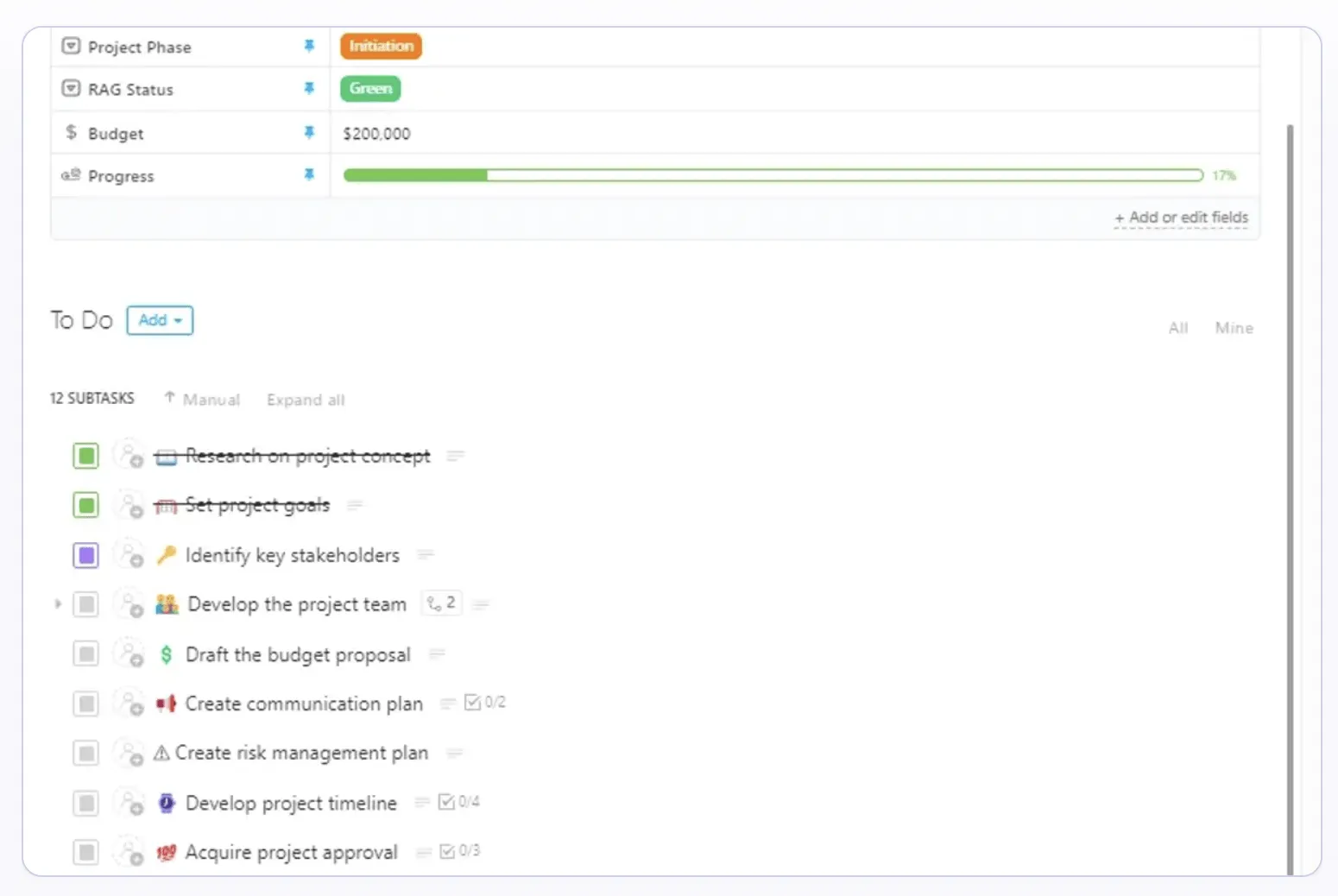 Modèle de checklist de projet ClickUp