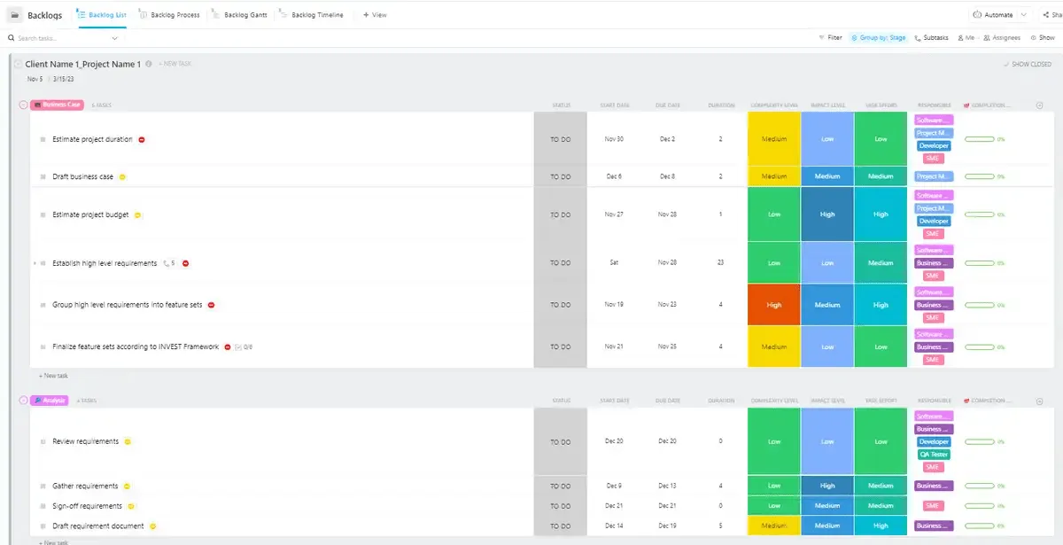 Plan uw projecten met behulp van de geavanceerde sjabloon voor projectmanagement van ClickUp Software om een nauwkeurige uitvoering en tijdige levering te garanderen