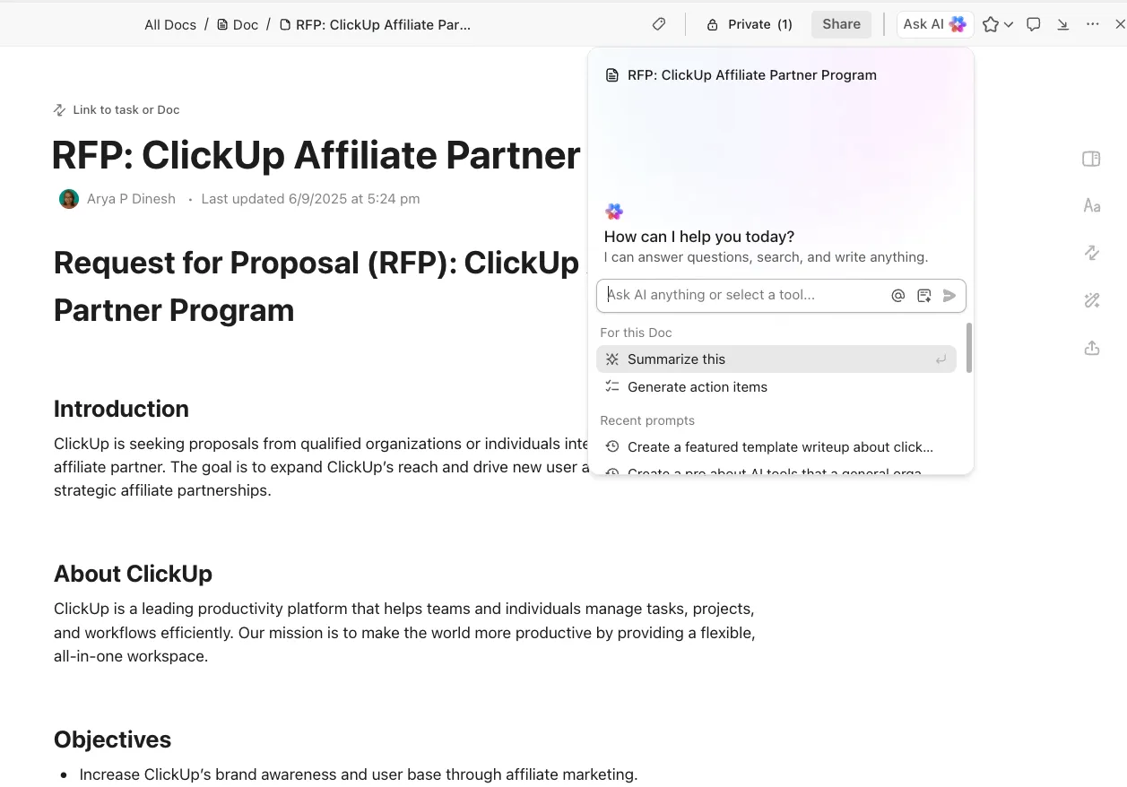ClickUp Brain - แผนการจัดการการจัดซื้อจัดจ้าง