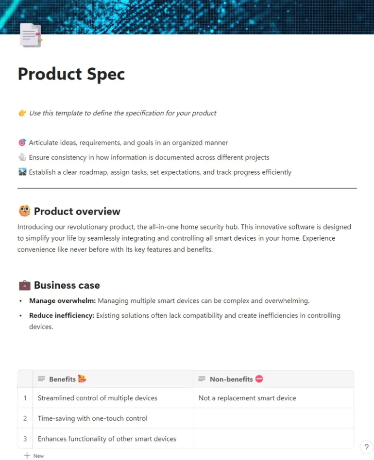 قالب مواصفات منتج Microsoft Loop