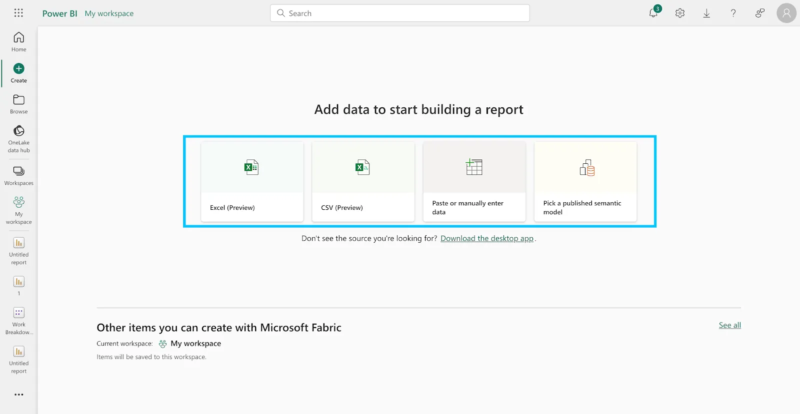 Opções de fonte de dados no Power BI