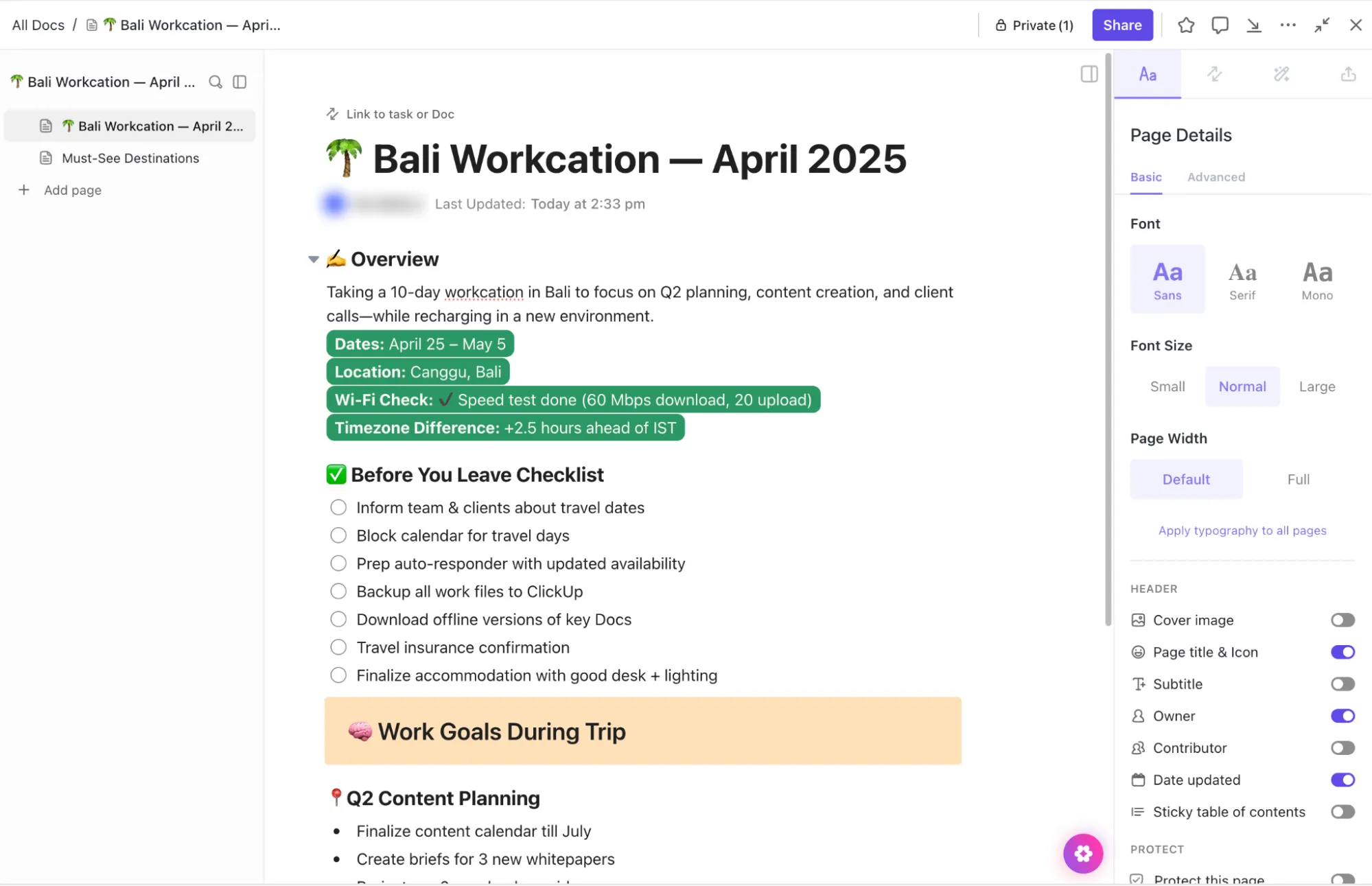 خطِّط لإجازة العمل في ClickUp Docs: Workcation