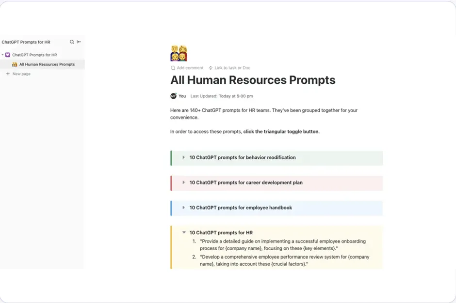 Шаблонът ChatGPT Prompts for HR на ClickUp е създаден, за да ви помогне да създавате съдържание, свързано с човешките ресурси.