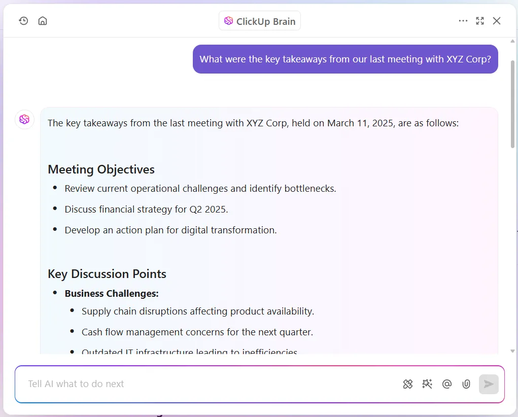 ClickUp Brain: Ask AI for consulting work details