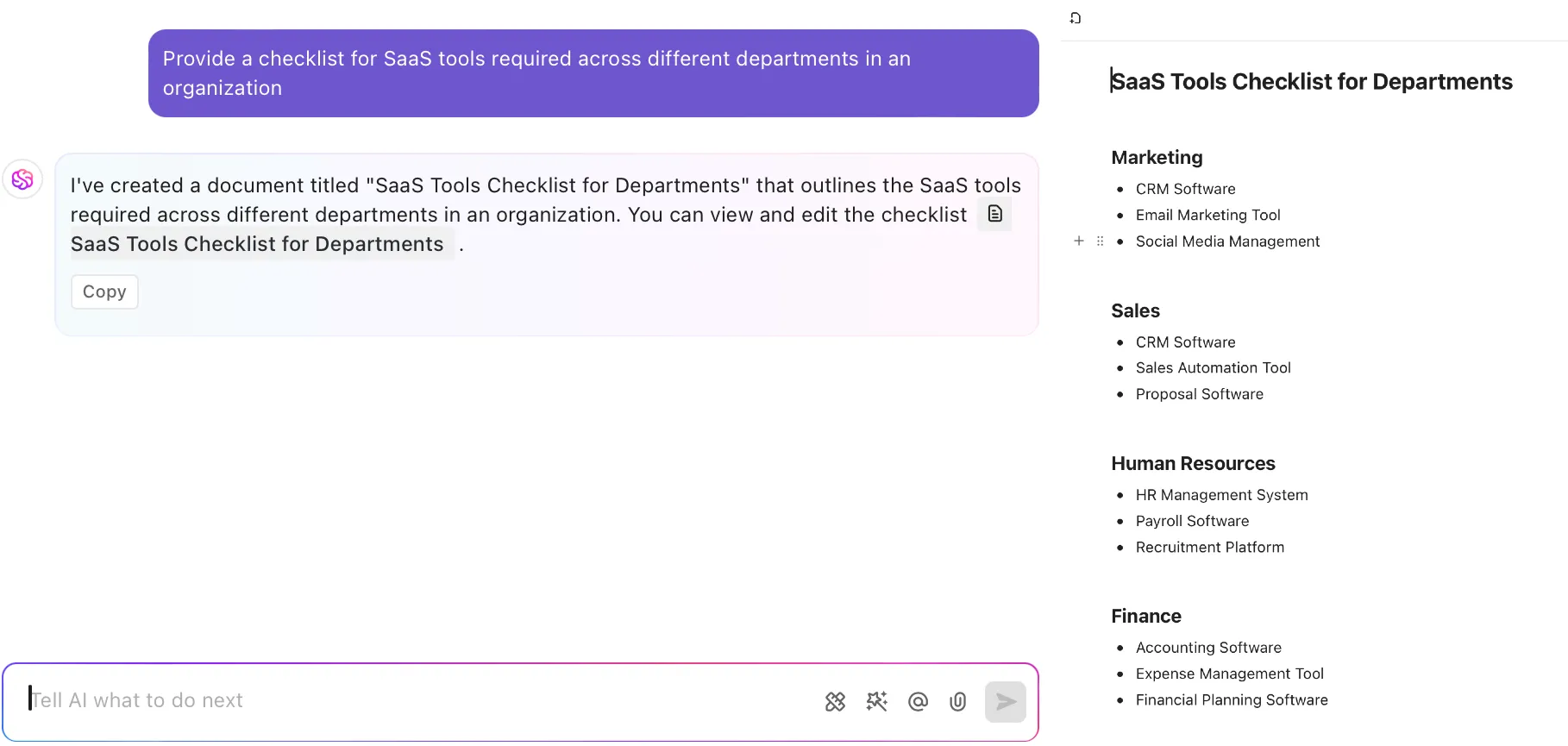 Gestion des fournisseurs SaaS : utilisez ClickUp Brain pour obtenir une liste des outils et fournisseurs SaaS.