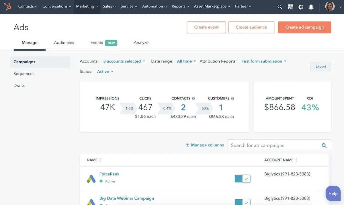 Página de campañas de HubSpot