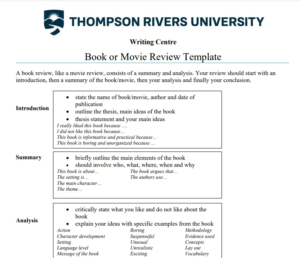 Modello di recensione di libri della Thompson Rivers University