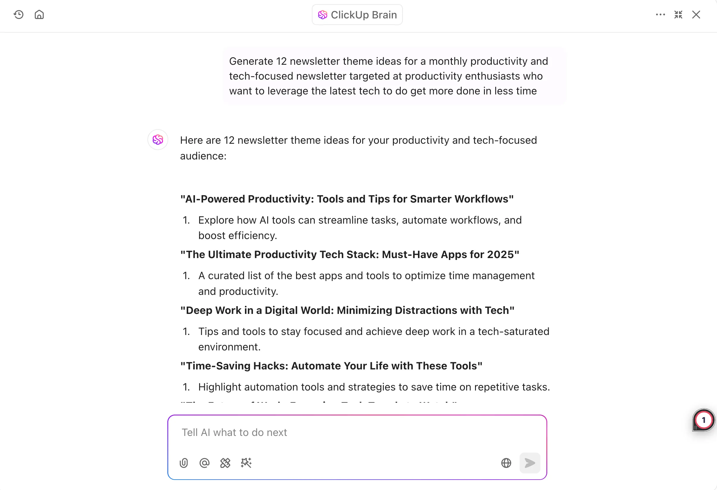 Tạo ý tưởng và nội dung bản tin với ClickUp Brain