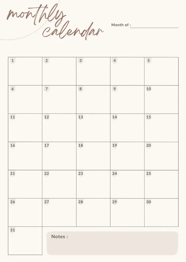 Template Lembar Kalender Bulanan Minimalis