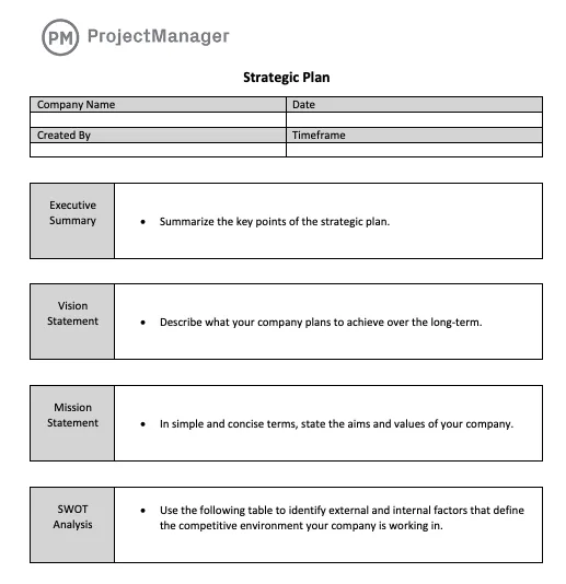 Modello di piano strategico ProjectManager per Word