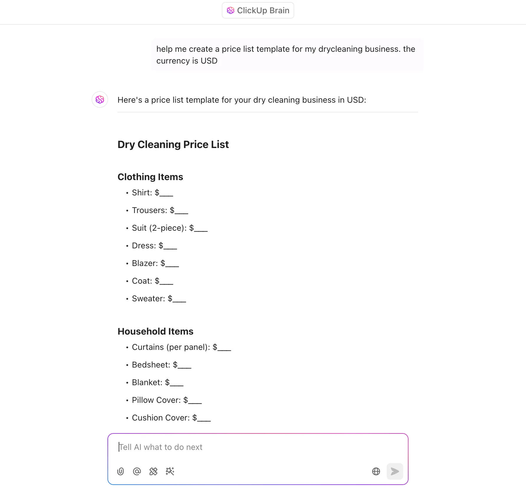 Criando um modelo de lista de preços no ClickUp Brain