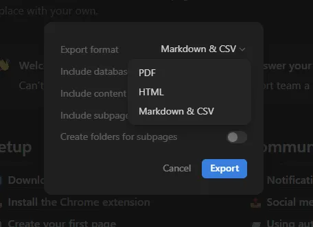 Formato de exportación en Notion