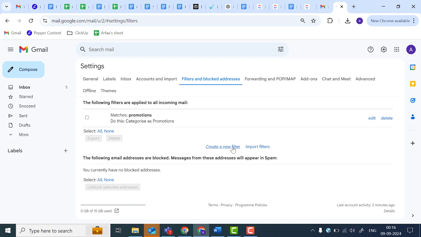 Crea un nuevo filtro en Gmail para crear reglas de Gmail.