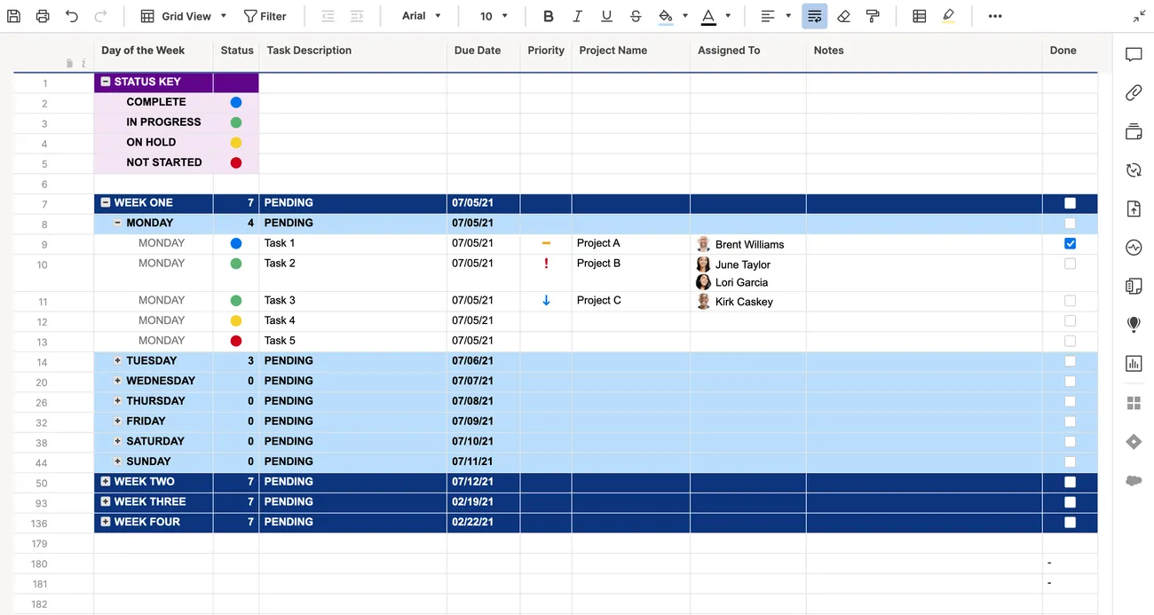 Modello di elenco attività settimanale: modelli Smartsheet