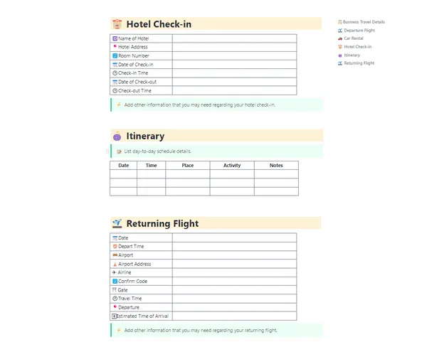 ClickUp-sjabloon voor zakenreizen in ClickUp Docs