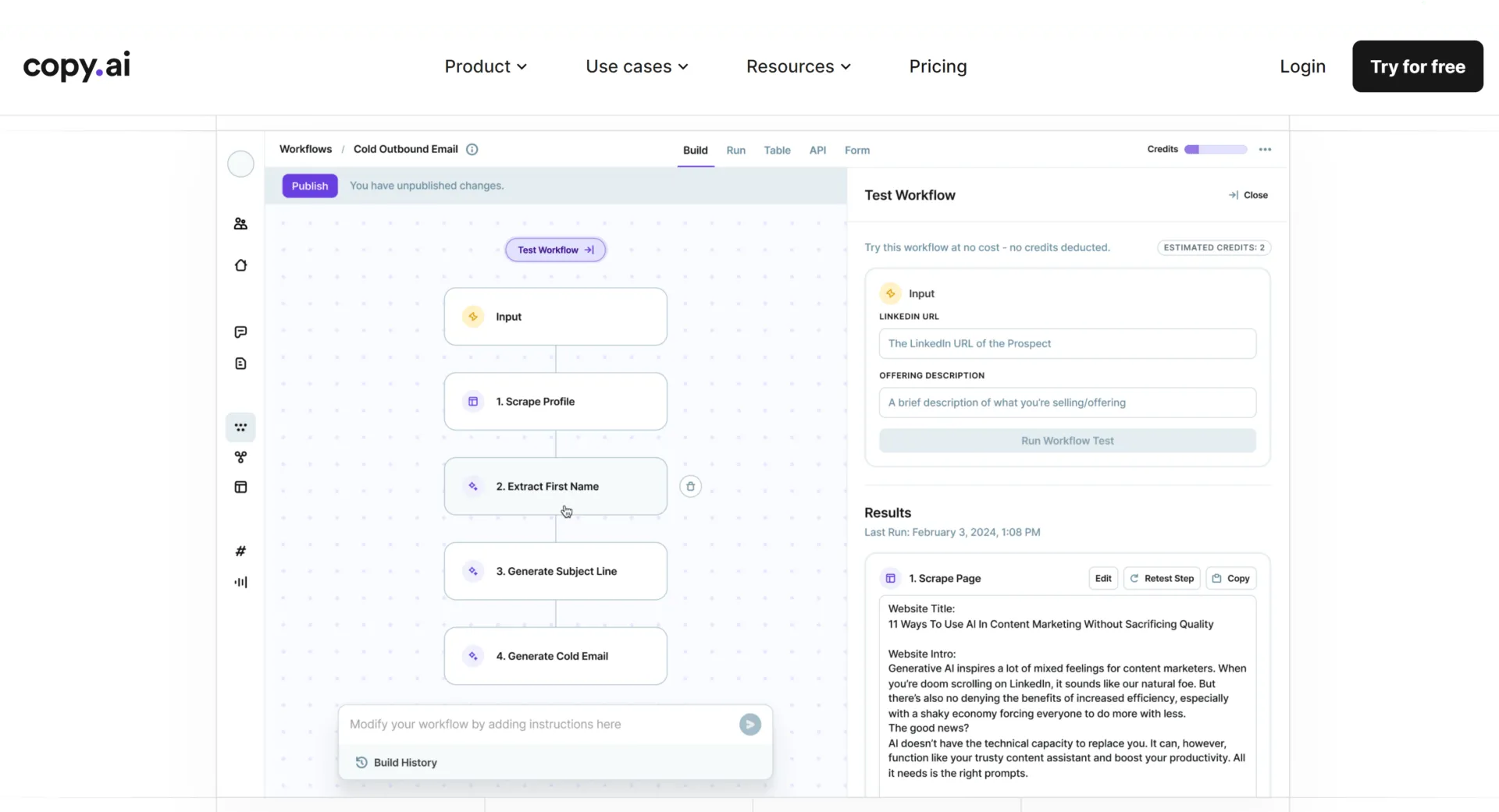 Flux de travail de génération de contenu d'e-mails de Copy.ai