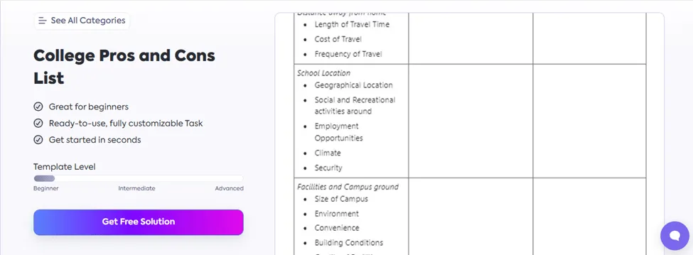 Choisissez l'université qui vous convient à l'aide du modèle de liste des avantages et inconvénients des universités de ClickUp.