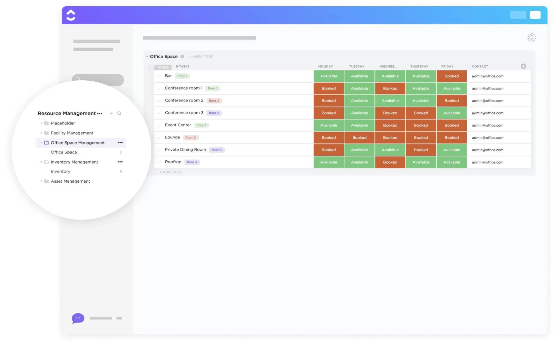 Modelo de gerenciamento de espaço de escritório do ClickUp