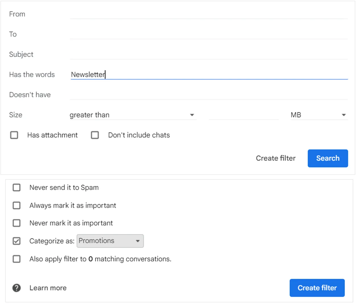 Organizar boletines informativos y correos electrónicos de promoción: crear reglas de Gmail