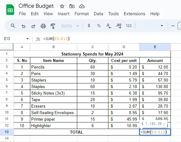 ฟังก์ชัน SUM แบบแมนนวล วิธีรวมค่าในคอลัมน์ใน Google Sheets ภาพหน้าจอ 2