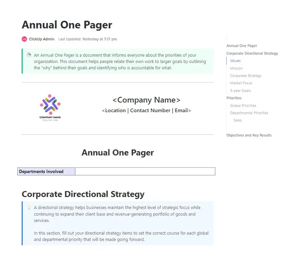 Mẫu One-Pager hàng năm của ClickUp