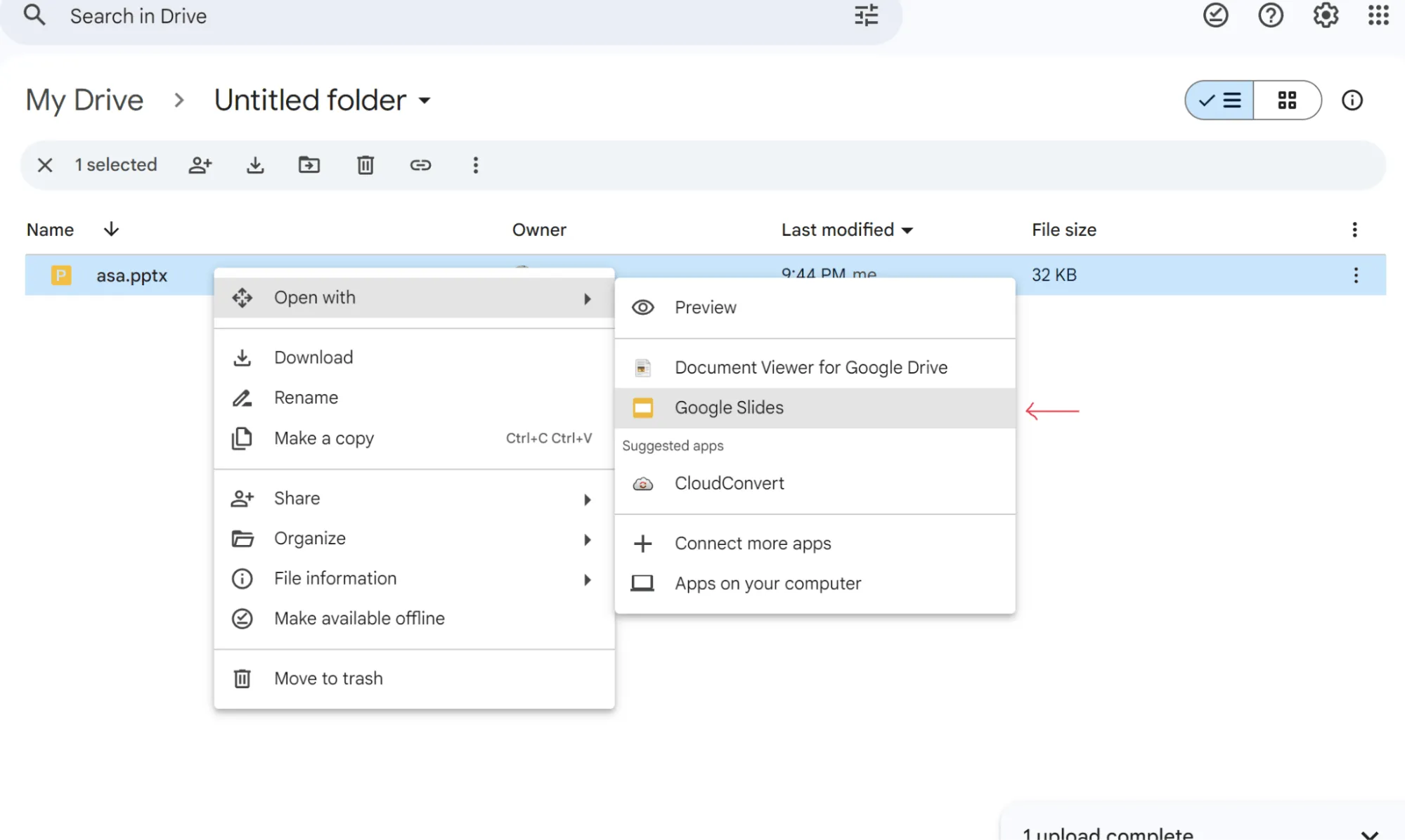 Chọn tùy chọn Google Slides sẽ tự động chuyển đổi tệp của bạn sang Google Slides