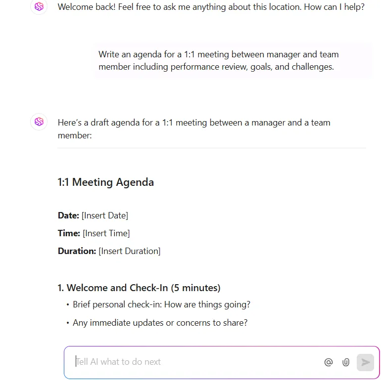 Modèle d'agenda de réunion utilisant ClickUp Brain