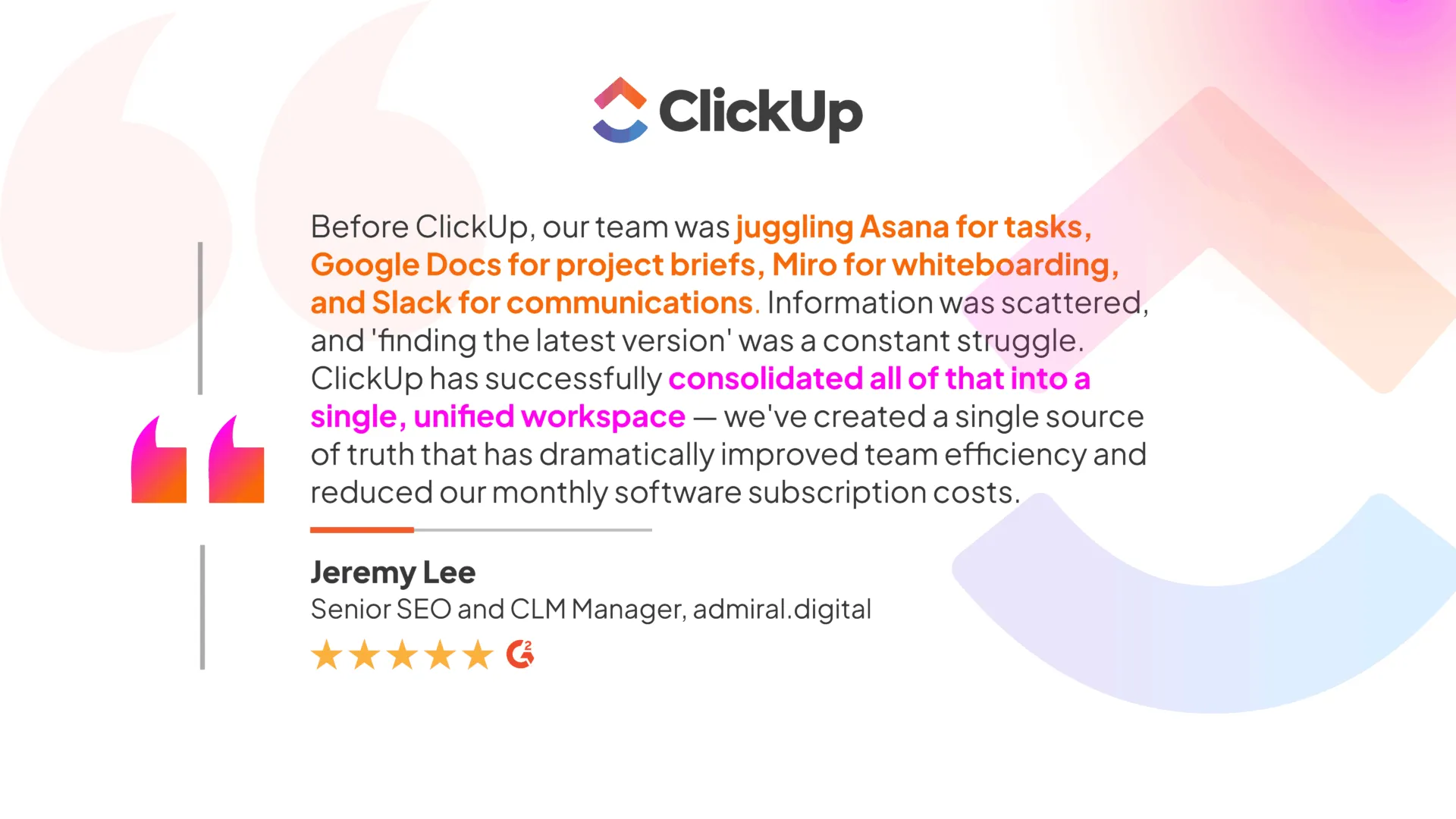 admiral.digital ลูกค้าของเรา: ผลตอบแทนจากการลงทุน (ROI) จากการรวมแอปกว่า 20 แอปเข้าด้วยกันใน ClickUp Accelerator