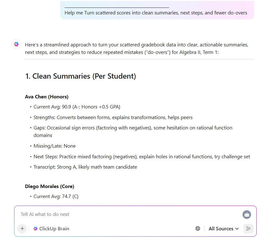 ClickUp Brain – Mall för betyg från gymnasiet