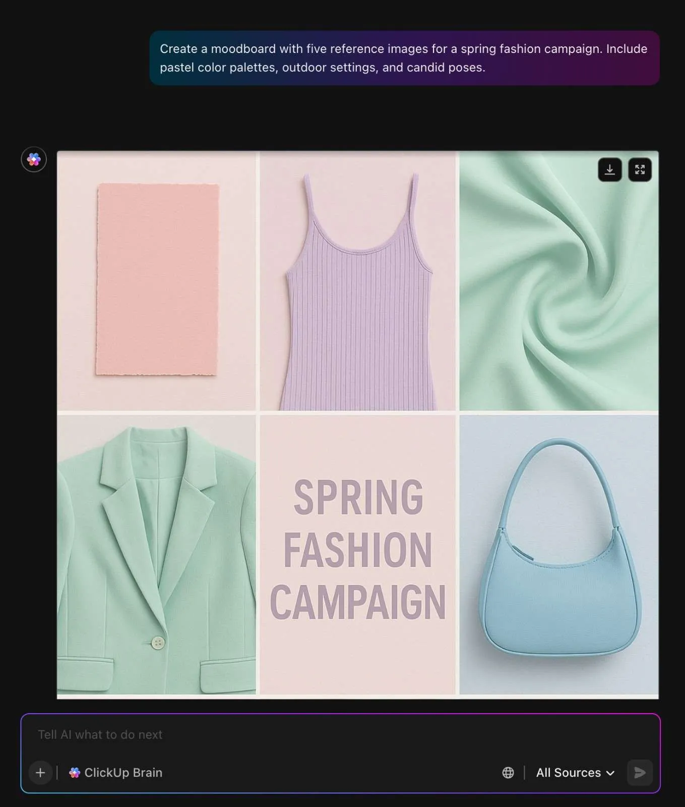 KI-generierte Moodboards und Referenzbilder, die direkt in ClickUp Brain erstellt wurden