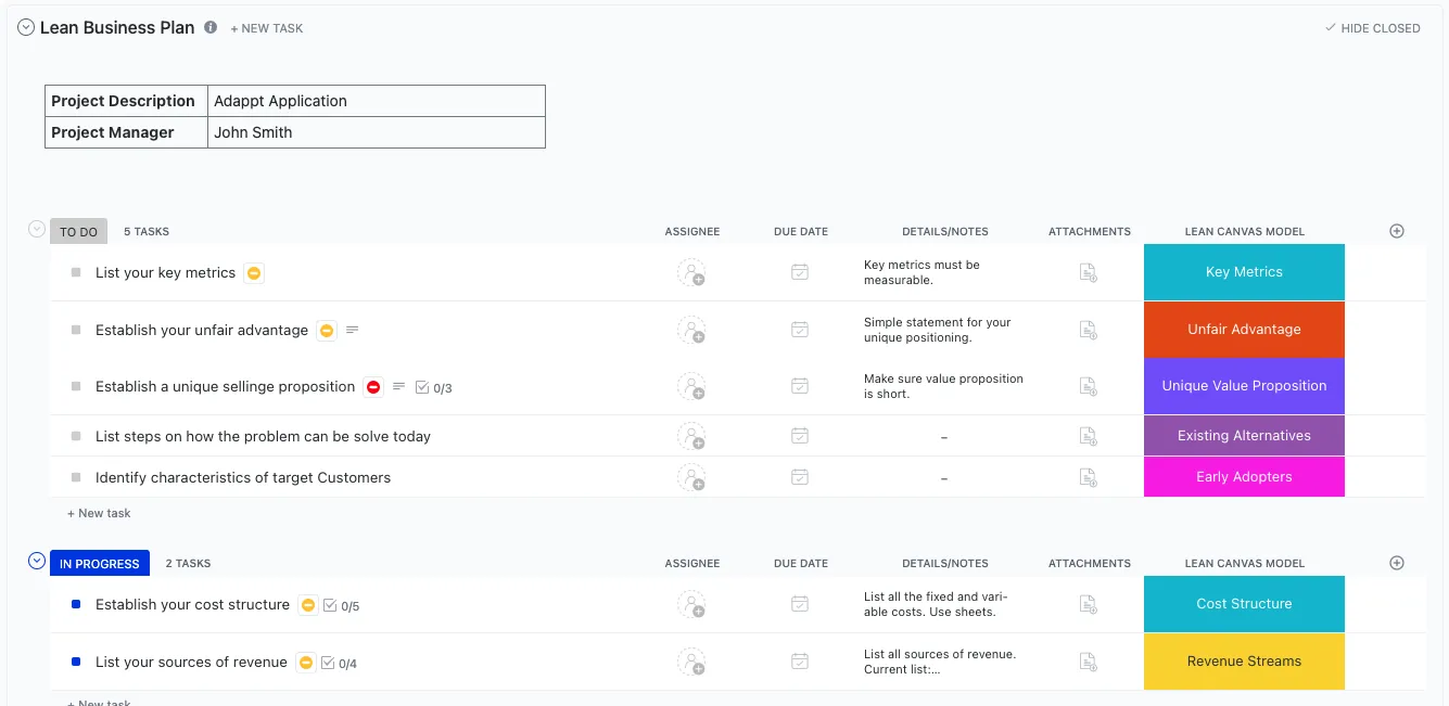 Il modello di piano Business snello di ClickUp è progettato per aiutarti a pianificare ed eseguire in modo efficace la tua strategia aziendale.