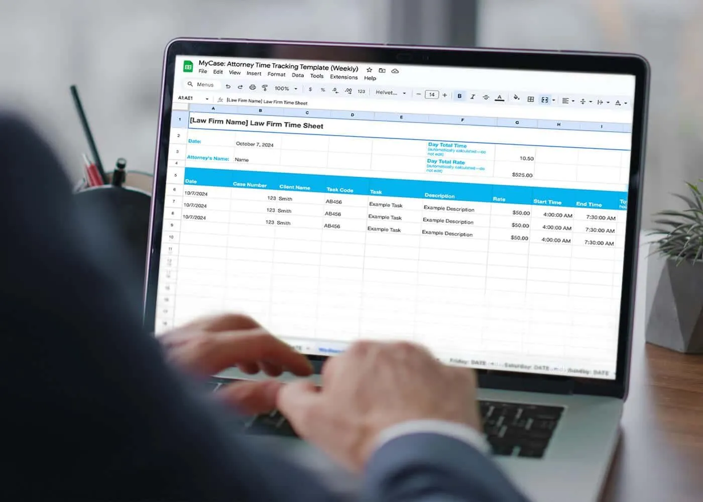 Excel/Google 스프레드시트 변호사 일일, 주간 및 월간 타임시트 템플릿