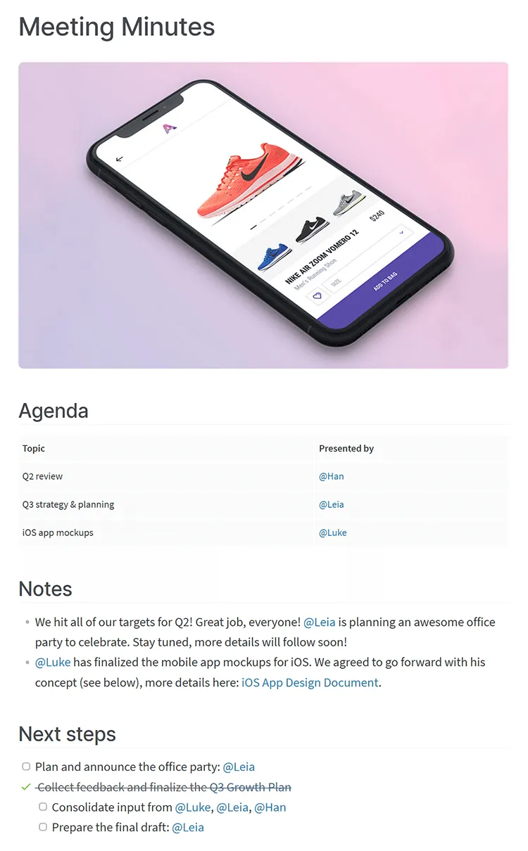 Exemplo de produto da Nuclino Docs