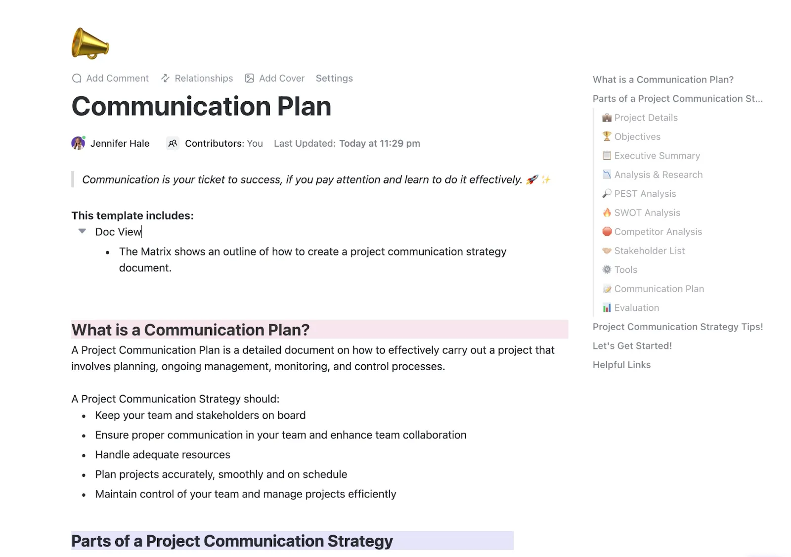 Sjabloon voor communicatieplan van ClickUp