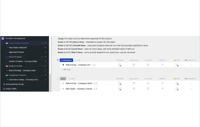 Skapa en strukturerad och visuellt tilltalande designportfölj med ClickUps mall för portföljhantering.