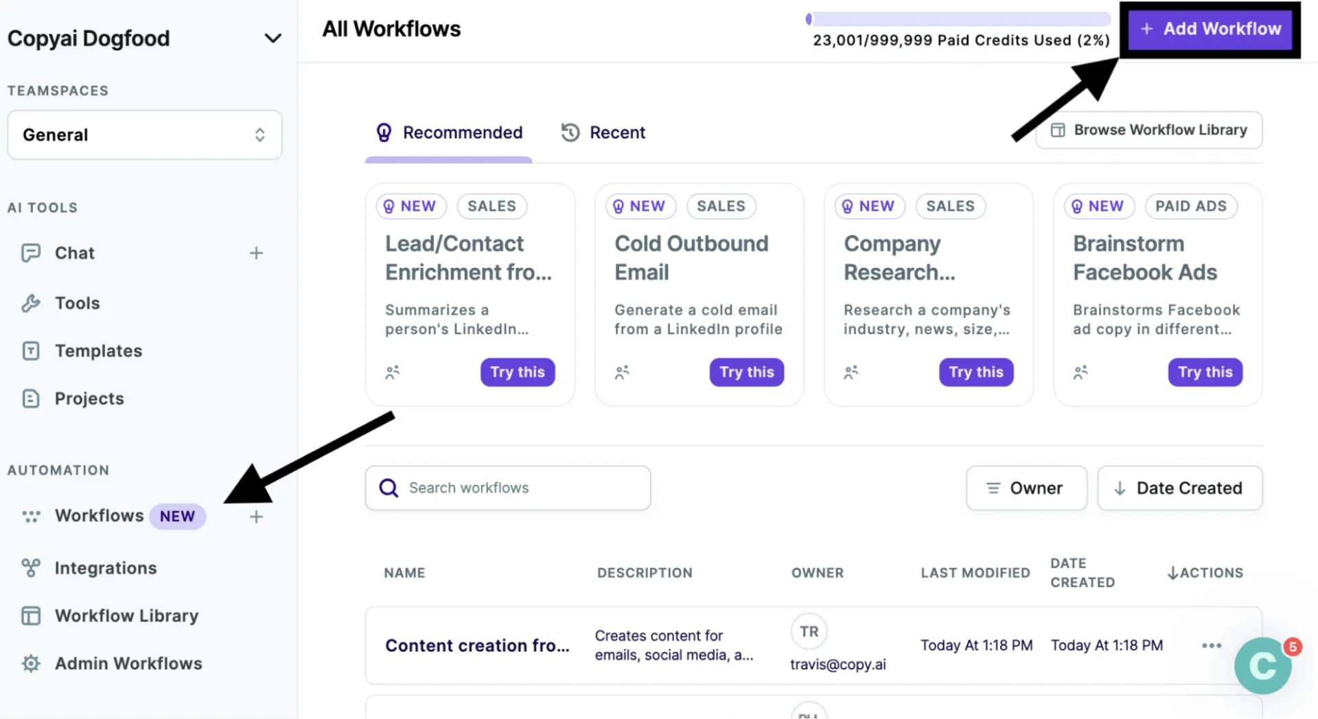 Copy.ai Dashboard: AI-skrivverktyg