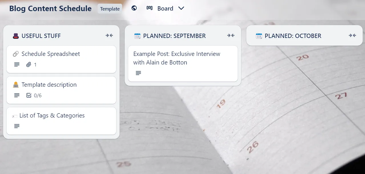 Modello di pianificazione del contenuto del blog Trello