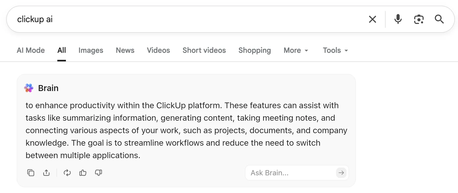 Effettua ricerche tra le app e riassumi il lavoro con ClickUp Brain MAX