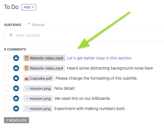 Laissez des commentaires directement dans les pièces jointes à l'aide de la fonctionnalité Révision de ClickUp.
