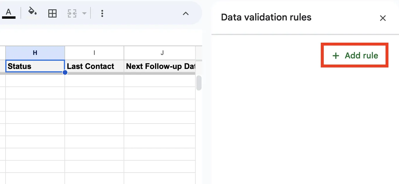 Définir une nouvelle règle de validation des données dans Google Sheets