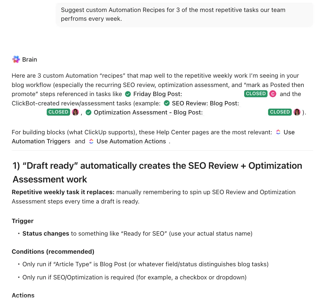 Använd ClickUp Brain för att skapa smartare, anpassade automatiseringar för ditt arbetsflöde.