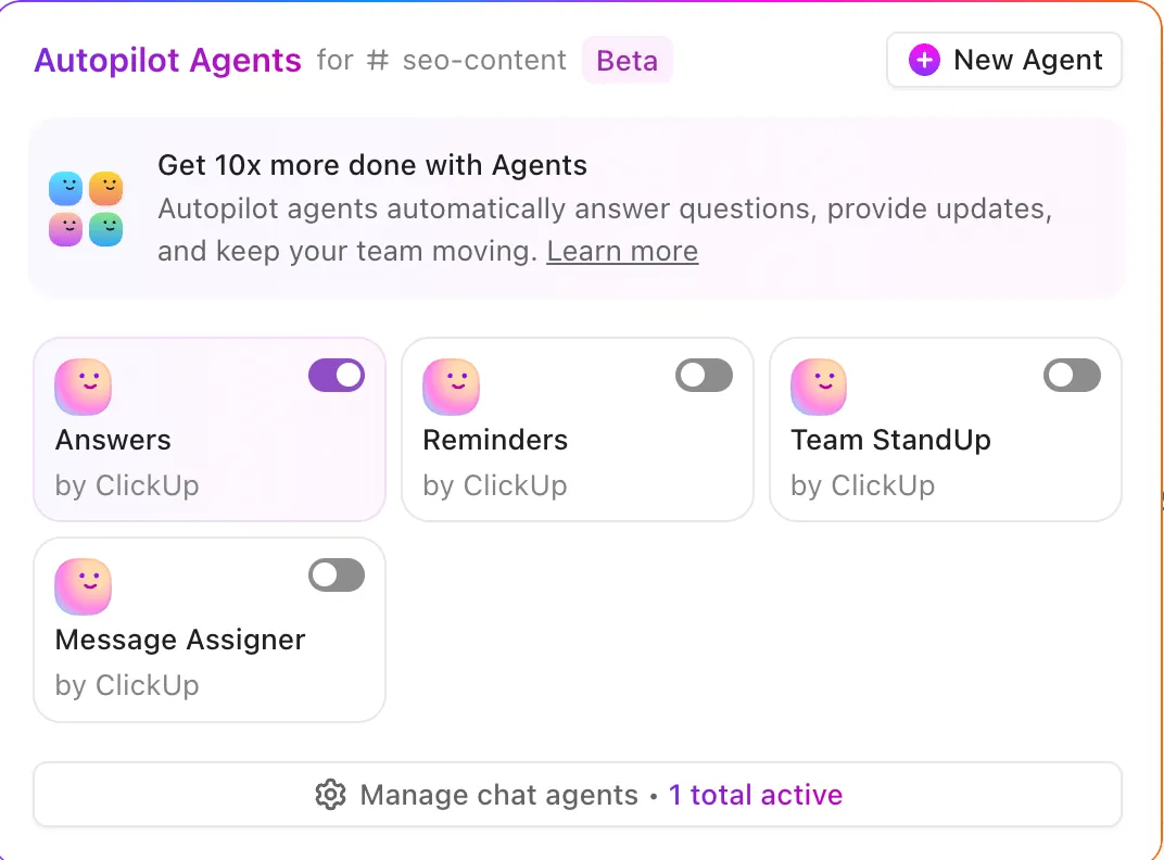 Autopilot-KI-Agenten in Listen und Kanälen in ClickUp