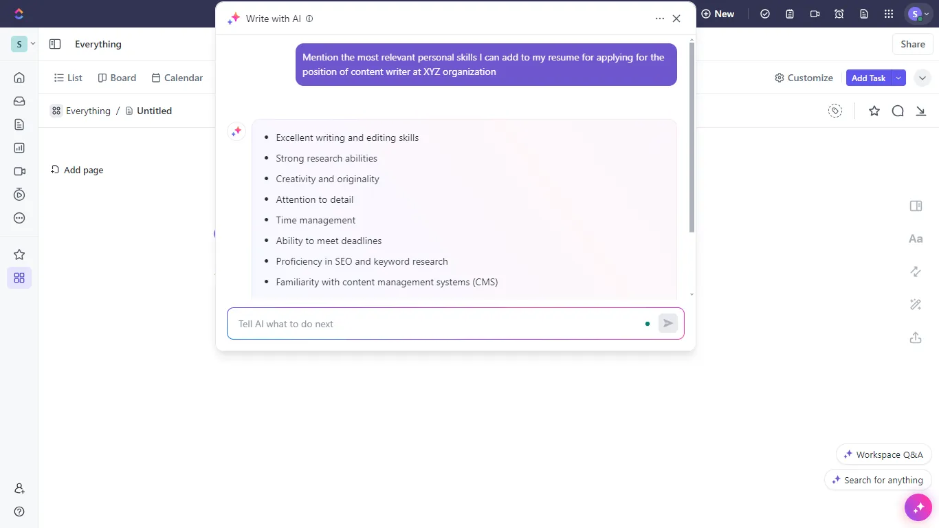 Използвайте ClickUp Brain, за да създадете примери за лични умения за автобиографията си.